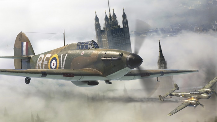 Hawker Hurricane and Messerschmitt Bf 110 over London