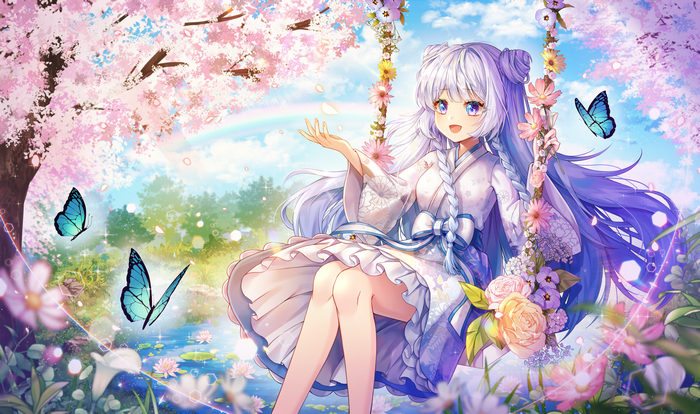 Anime girl with white hair on a swing with butterflies