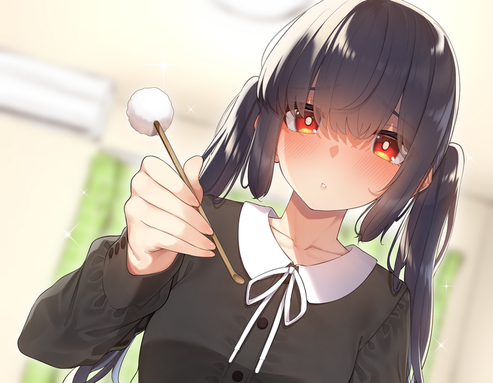 Girl with red eyes and twintails holding a cotton swab