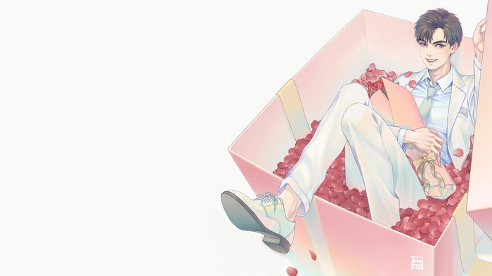 Wang Hao Xuan in a gift box with rose petals