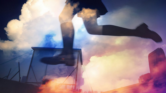 Woman jumping over buildings with clouds