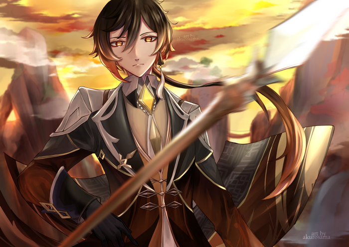 Zhongli from Genshin Impact with a spear
