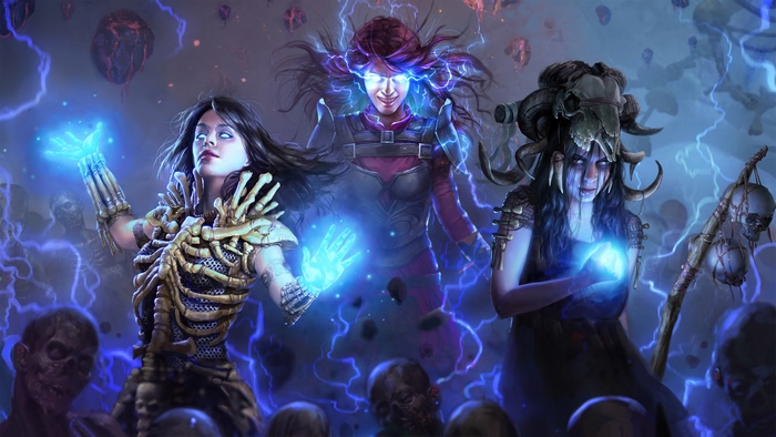 Three female sorceresses casting spells in Path of Exile