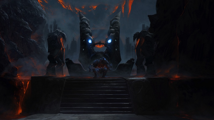 Path of Exile character in a dark, volcanic throne room