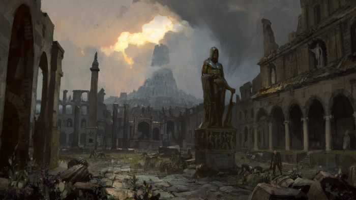 Ruined city with statue and tower in Path of Exile 4K