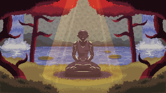 Pixel art statue meditating by a lake with waterfalls