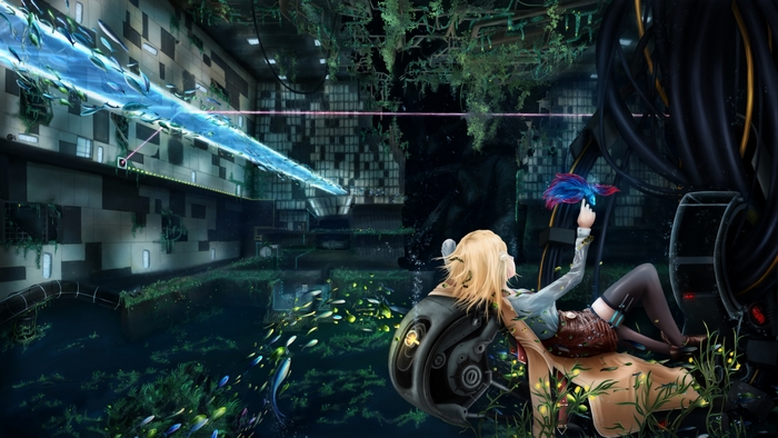 Watson Amelia from Hololive in a futuristic overgrown facility