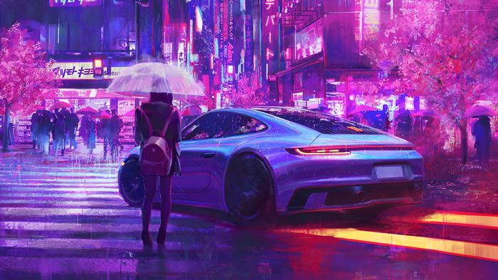 Neon Rainy Night with Porsche and Umbrella