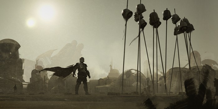The Mandalorian in a desolate settlement