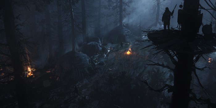 The Mandalorian in a dark forest