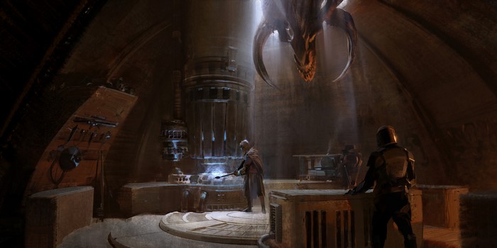 The Mandalorian in a forge with a dragon