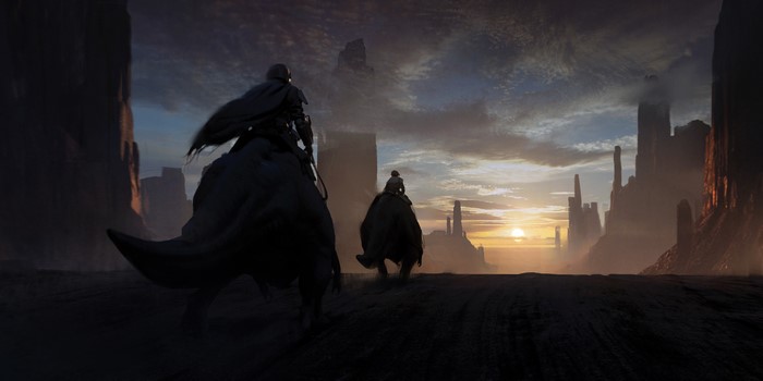The Mandalorian and Grogu riding creatures at sunset