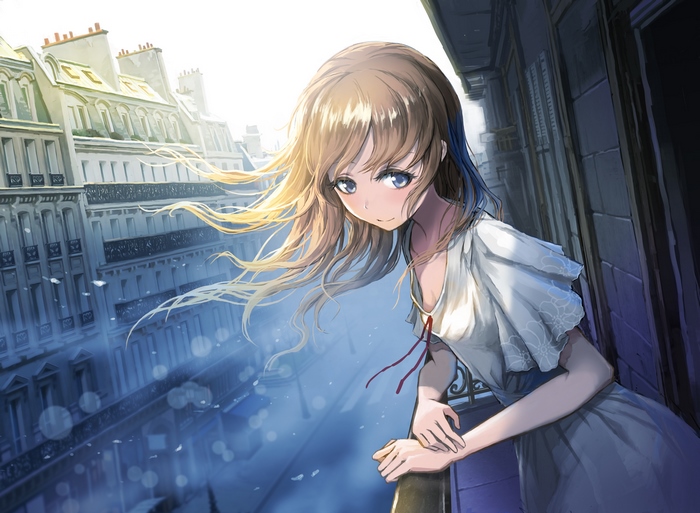 Girl with brown hair and blue eyes on a balcony