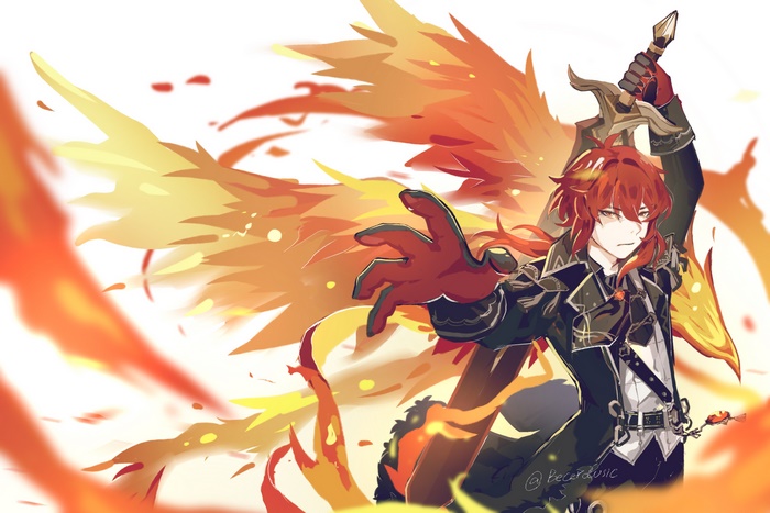 Diluc from Genshin Impact with fiery wings