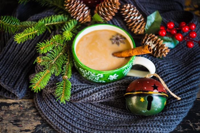 Christmas still life with coffee and pine cones