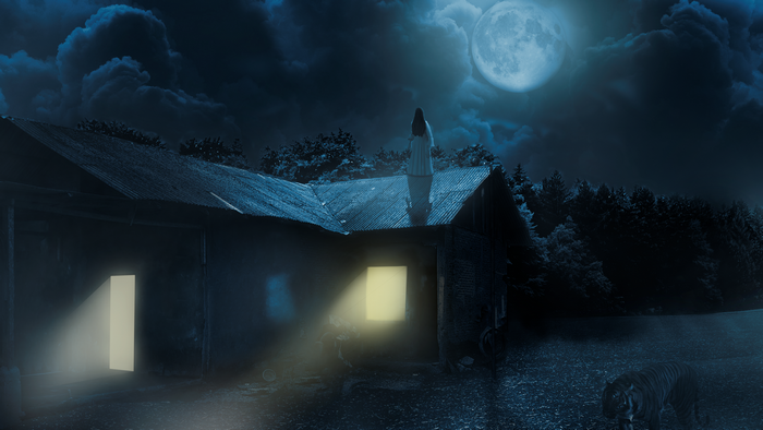 Ghostly figure on a haunted house roof with a tiger