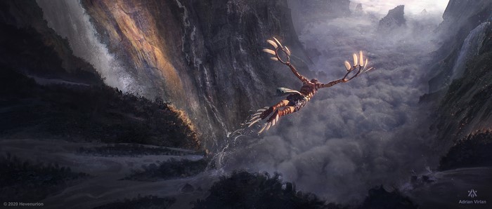Creature diving into a misty canyon with waterfall