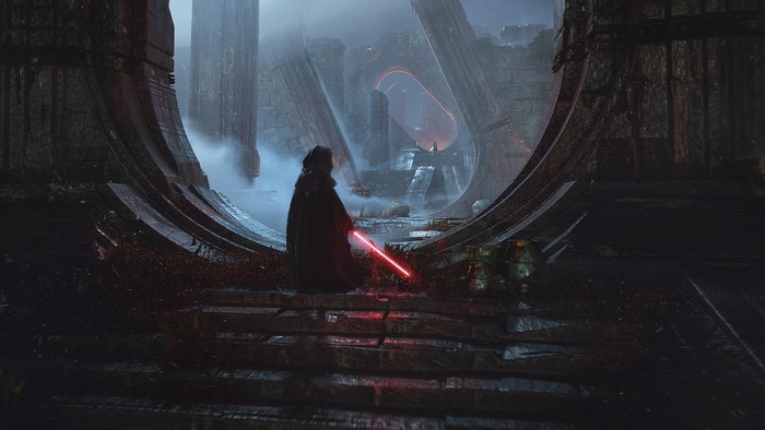 Dark figure with red lightsaber in ancient ruins