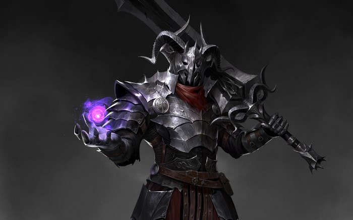 Fantasy warrior in armor with glowing orb and sword