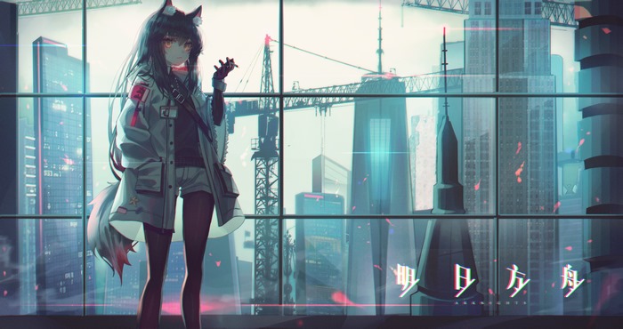 Texas from Arknights in a city