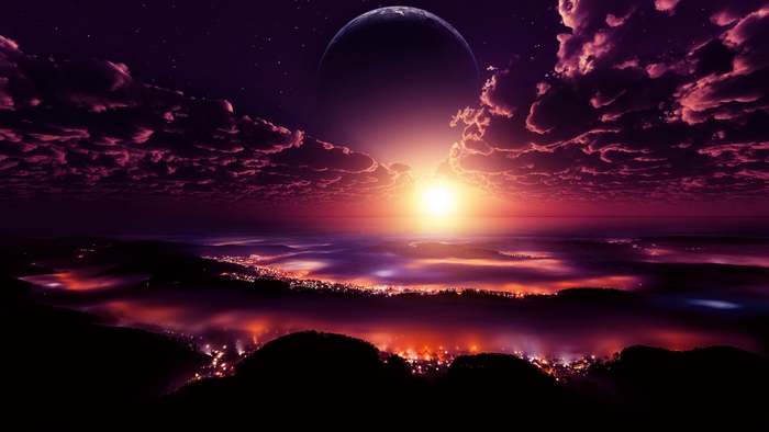 Digital art of a planet and city at sunset