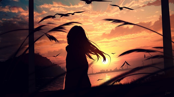 Girl watching sunset with birds flying