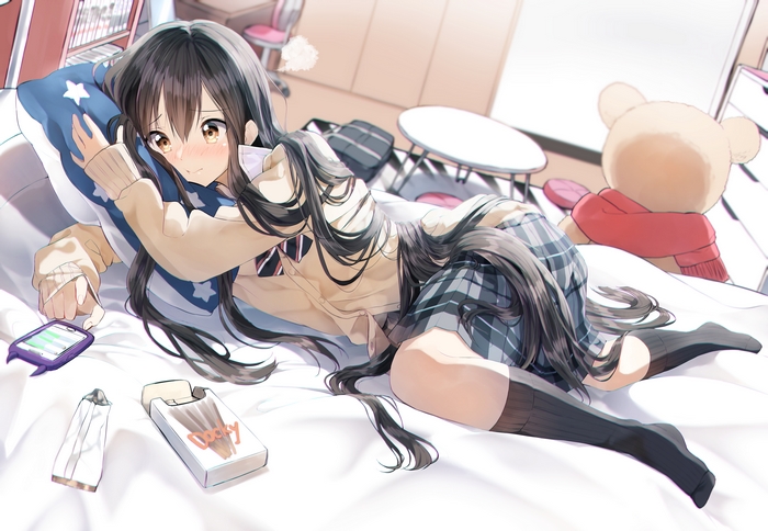 Girl Black Hair Socks Skirt Brown Eyes Long