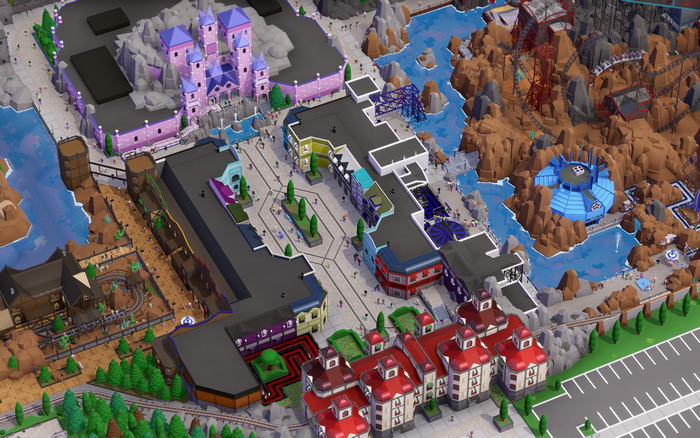 Parkitect amusement park with roller coasters and castle