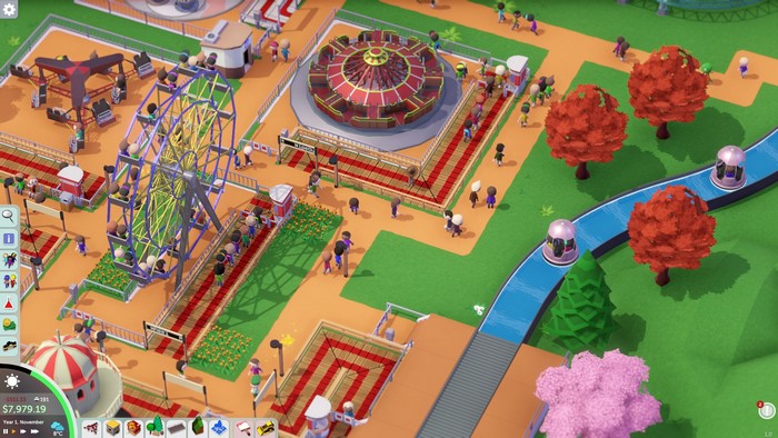 Parkitect amusement park with Ferris wheel and rides