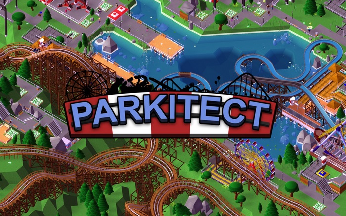 Parkitect video game title screen with roller coasters