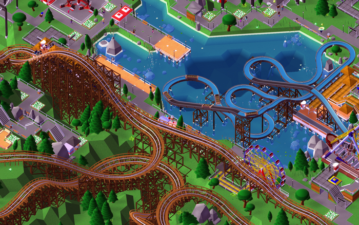 Parkitect amusement park with roller coasters and water rides