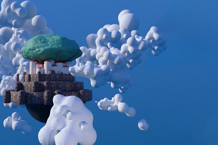 Floating castle with a large tree on top and clouds