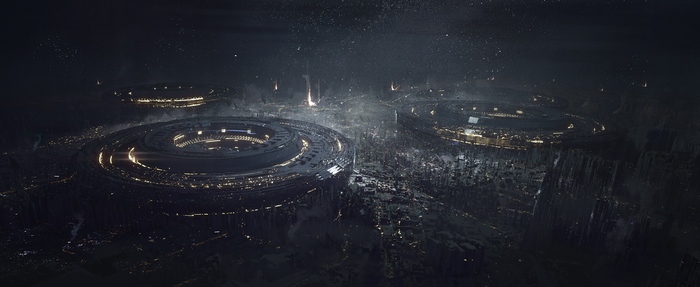 Sci-Fi Cityscape with Ring Structures at Night