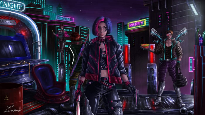 Cyberpunk City Night with People