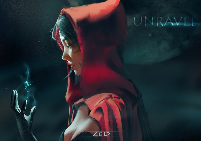 Woman in red hood holding glowing plant