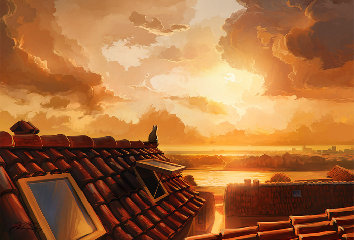 Cat Sitting on a Rustic Rooftop at Sunset