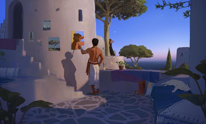 Artist painting a portrait outdoors at dusk