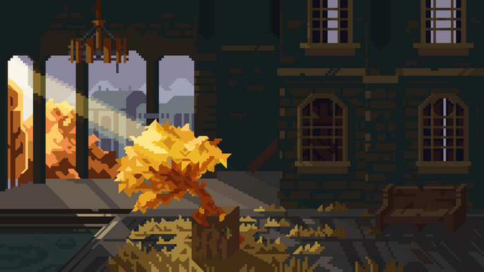 Pixel art of a decaying building with autumn foliage