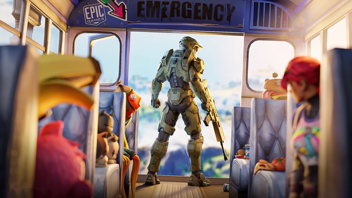 Master Chief from Halo in Fortnite Battle Bus