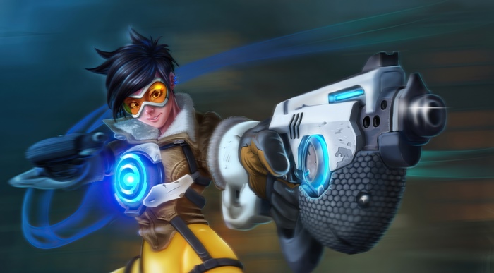 Tracer from Overwatch holding guns