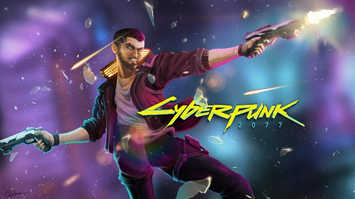 Man with guns from Cyberpunk 2077