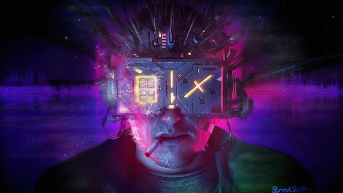Man with Futuristic Cyberpunk VR Headset Smoking