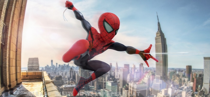 Spider-Man swinging over New York City