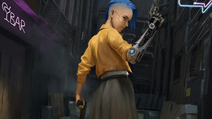 Woman with blue hair and cybernetic arm holding a gun