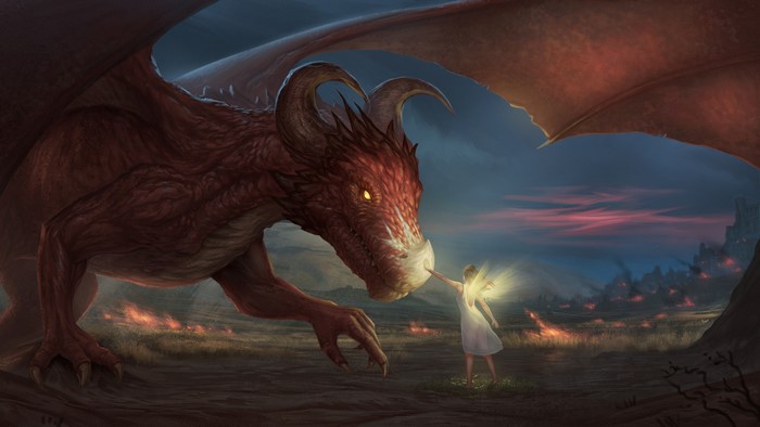 Fantasy Dragon and Fairy in a Burning Landscape