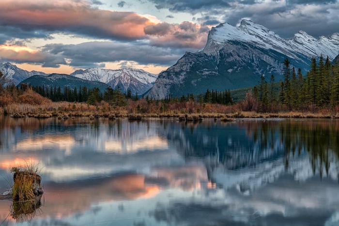 Mount Rundle reflected in a lake at Banff National Park