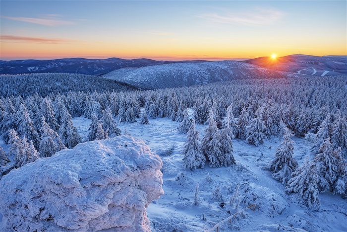 Winter forest sunrise in the Czech Republic