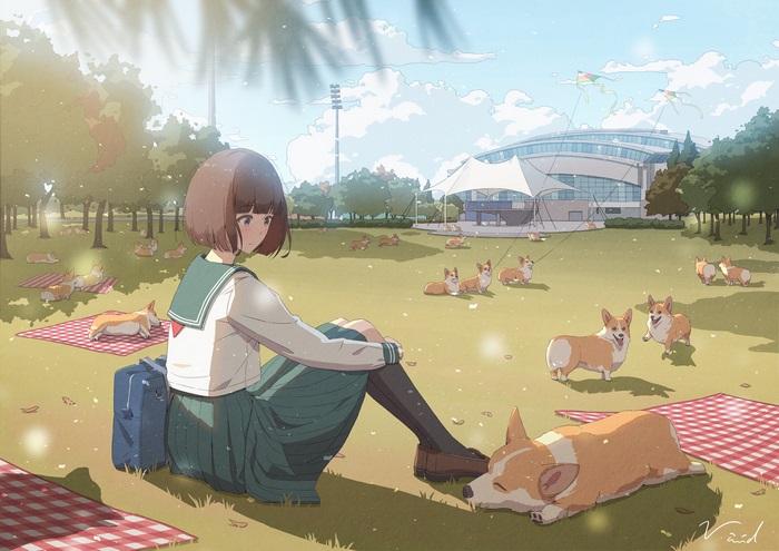 Girl with Corgis in a Park