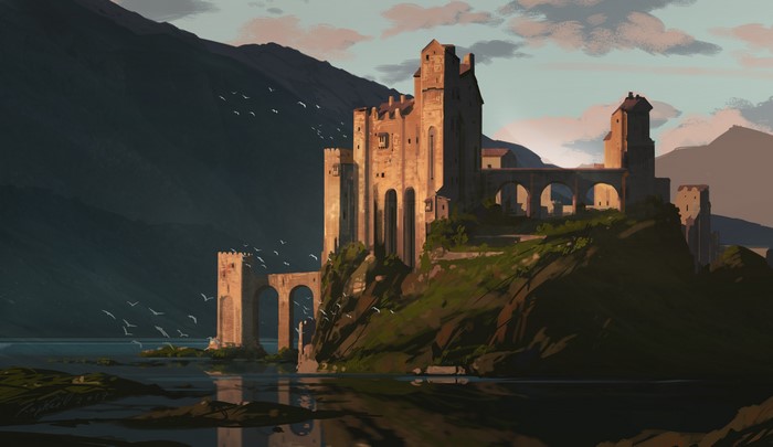 Fantasy castle on a cliff overlooking water