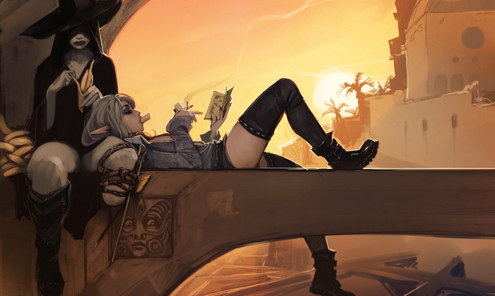 Elf woman reading a book and a hooded figure with bananas